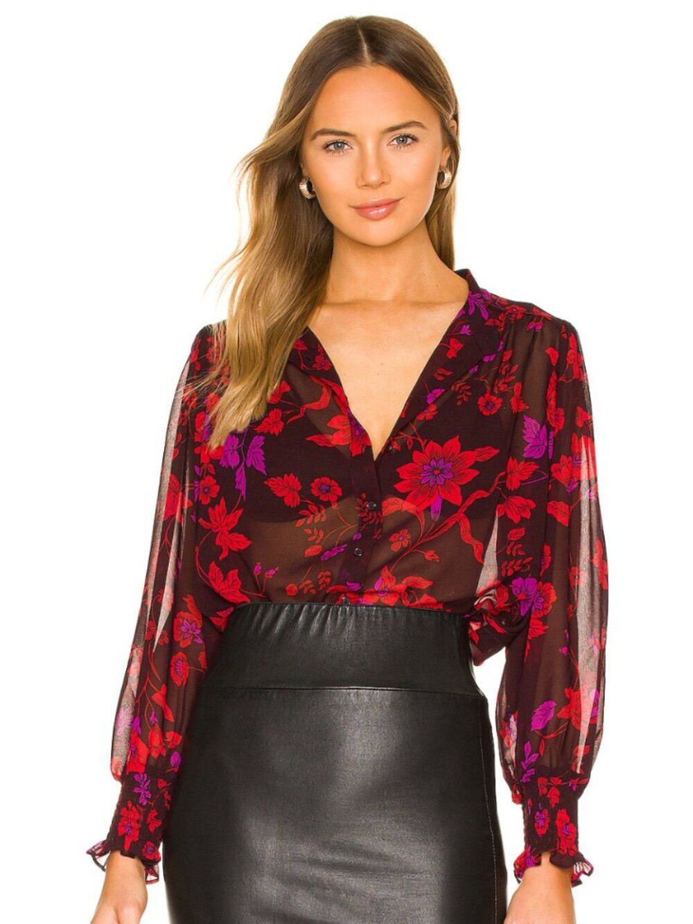 Sanctuary Floral Blouse | Sheer Smocked Cuff Button Front | NWT | Size S